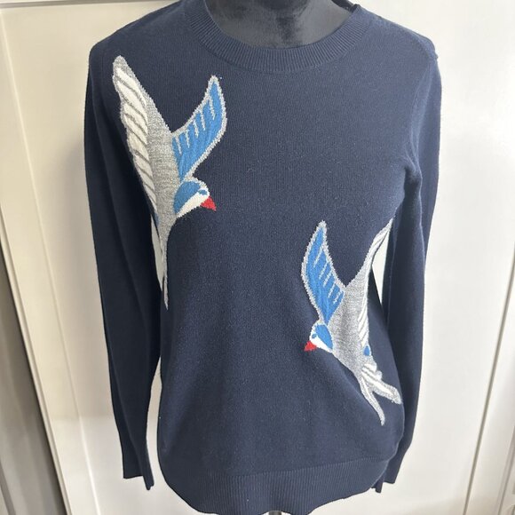 Loft Women's Pullover Sweater Size S Navy Blue Birds Metallic Motif Crew Neck - Picture 1 of 10